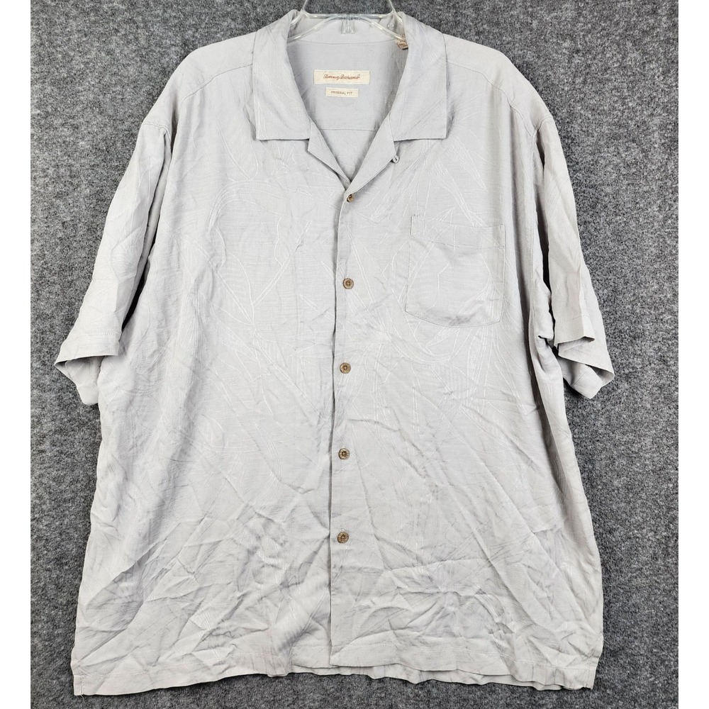 Tommy Bahama Button Up Shirt Mens XXL Grey 100% Silk Jacquard Leaf Short Slv